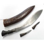 20th Century Nepalese/Indian kukri in leather scabbard and two skinning tools, metal steel pommel (