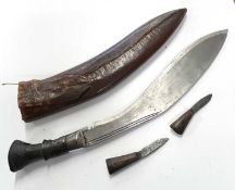 20th Century Nepalese/Indian kukri in leather scabbard and two skinning tools, metal steel pommel (
