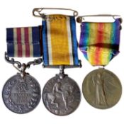 WWI George V military metal, gallantry medal trio impressed to R-16672, Pte F W Atkins 10-K.R.R.C (