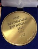 A commemorative gold award medallion to Neil: British Railway Enthusiast 2018