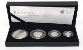 Cased 2010 silver four coin Britannia proof set