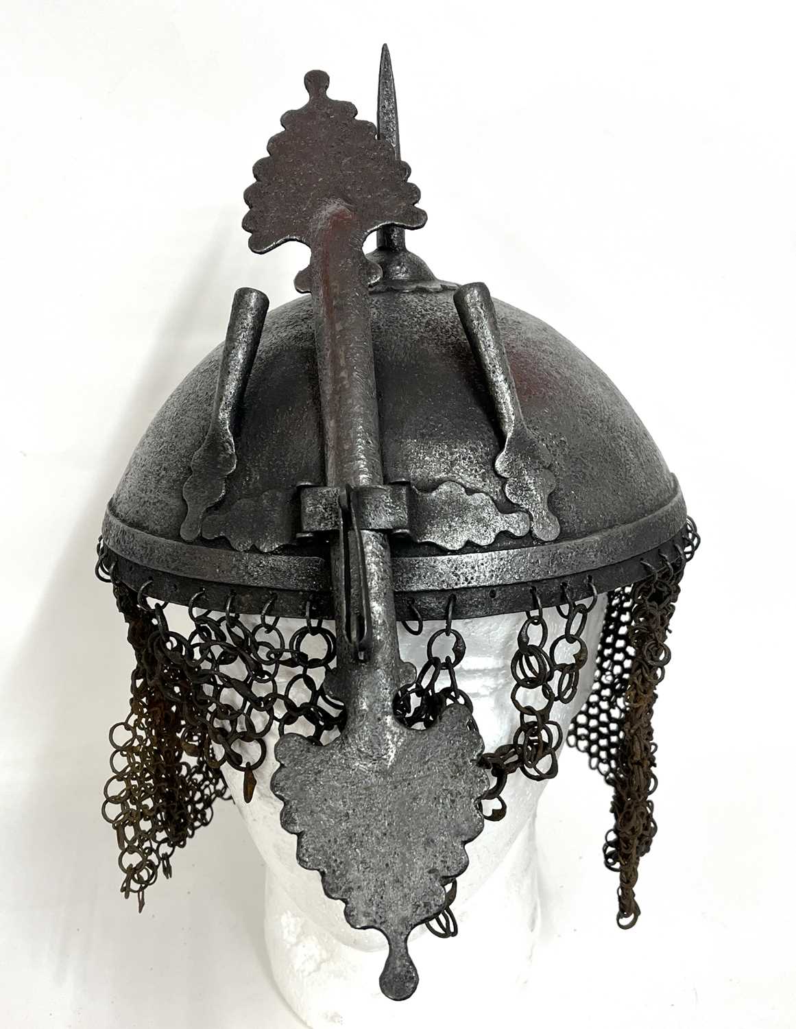 Late 19th Century Indo-Persian Kula - Khud helmet with a sliding nasal bar, twin plume sockets and - Image 8 of 10
