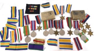 Quantity of Second World War British Campaign medals including spare boxes and ribbons etc