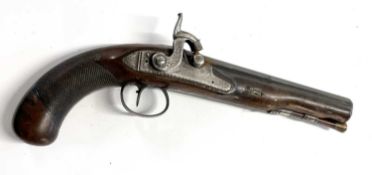 Mid to late 19th Century percussion capped pistol with ram rod, turned and sporting checking to