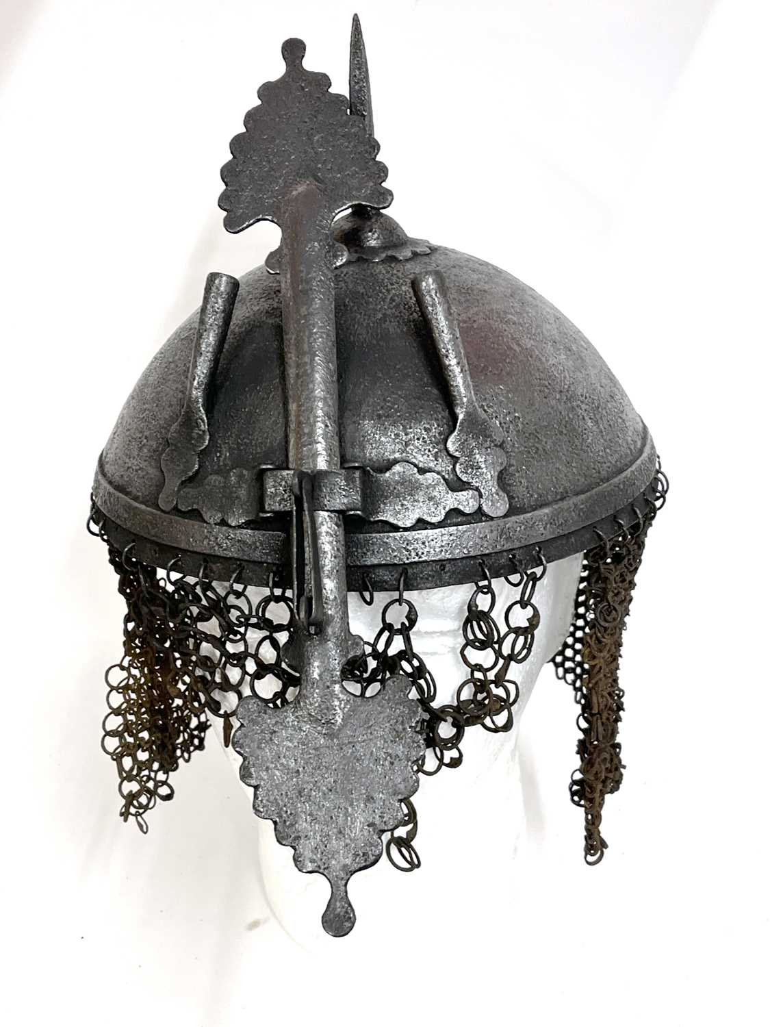 Late 19th Century Indo-Persian Kula - Khud helmet with a sliding nasal bar, twin plume sockets and - Image 3 of 10