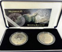 A pair of commemorative proof coins in case, to include the Millenium £5 and Britannia Bullion £5