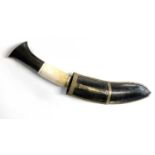 Indian/Nepalese kukri knife with bone handle, brass pommel and brass inlaid depicting birds and