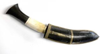 Indian/Nepalese kukri knife with bone handle, brass pommel and brass inlaid depicting birds and