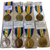 Quantity of 8 WWI victory medals to include: 2083 CPL R Hallam, Notts and Derby Regiment; 35485