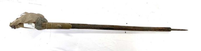 A short rapier style sword in leather scabbard, with a wooden turned handle and metal finger