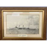 Quantity of seven framed photographs of Royal Naval vessels from First World War to include HMS