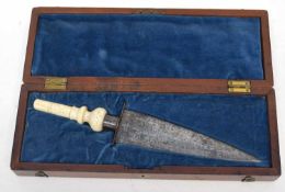 17th century plug bayonet with double edged blade, slight pitting, and turned bone handle, in lovely