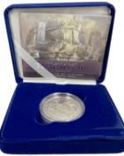 A 2005 UK commemorative Five Pounds proof coin, for the battle of Trafalgar.