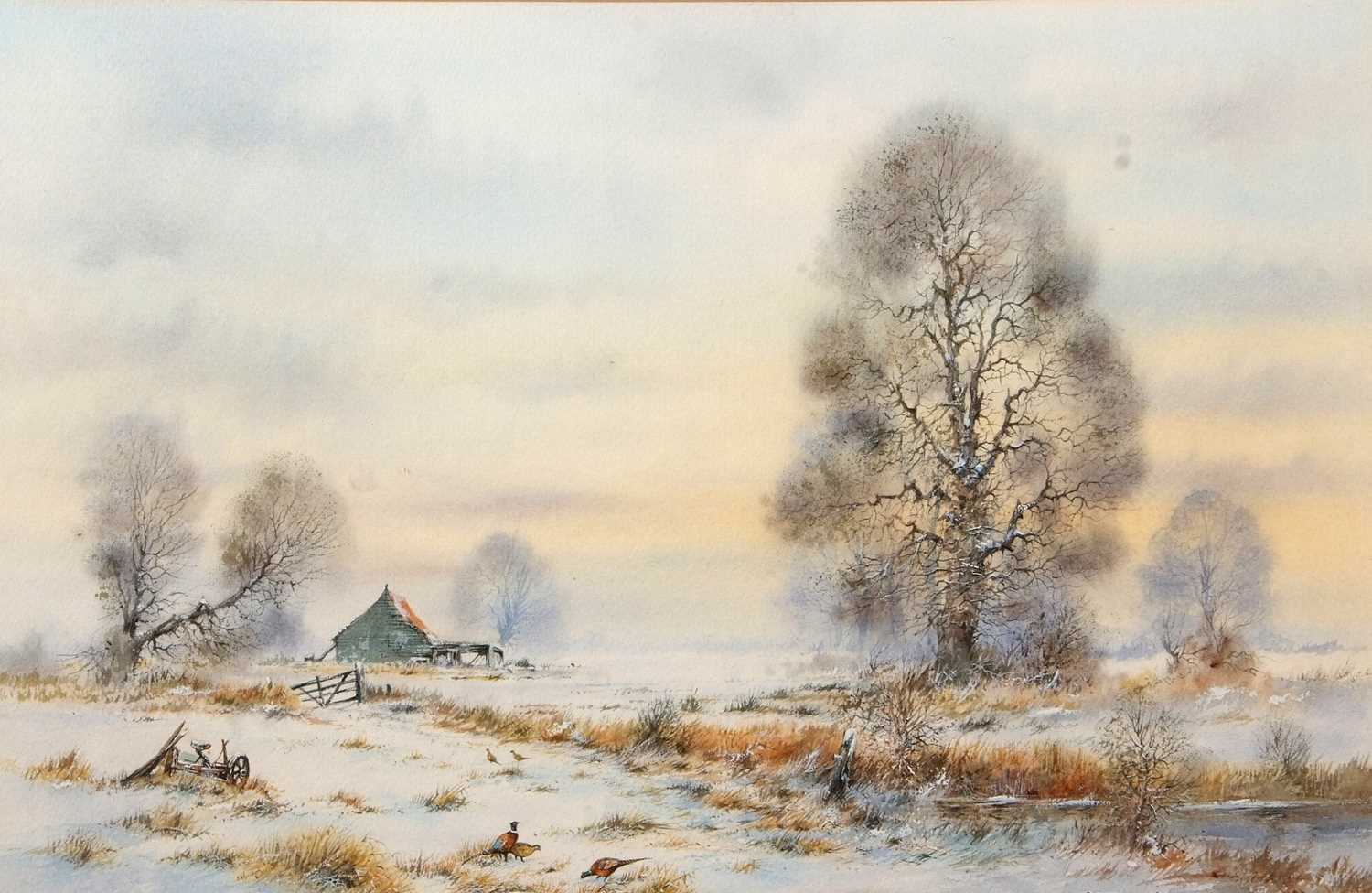 Brian Day (British, 20th century), winter landscape with pheasants in the foreground, watercolour - Image 2 of 2