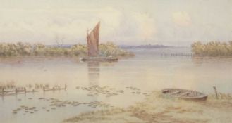 Norwich School, 19th Century, A wherry sailing near flooded pasture, watercolour, 15x27ins, framed