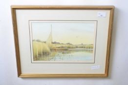 Colin W Burns (B. 1944), signed watercolour, "Yacht Moored in a Quiet Corner of The Norfolk Broads",