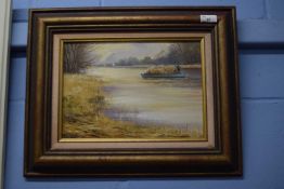 Shirley Carnt (British, 20th century) 'Reed Cutter in the Thurne' oil on board, 9.5x13ins, signed,