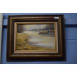 Shirley Carnt (British, 20th century) 'Reed Cutter in the Thurne' oil on board, 9.5x13ins, signed,