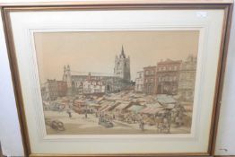 Arthur E Davies RBA (1893-1988) watercolour of Norwich market with St Peter Mancroft signed lower