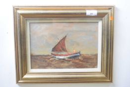 Jack Cox (British,1914-2007), boat on choppy waters, mixed media, signed,10x7ins, framed and