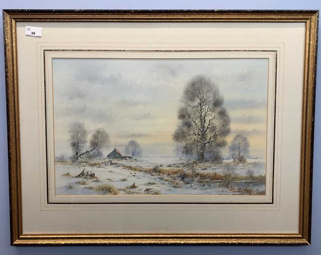 Brian Day (British, 20th century), winter landscape with pheasants in the foreground, watercolour