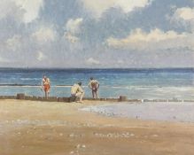 Michael J. Sanders (British, b.1950), "Bathers by Breakwater, Sheringham", oil on board, 17.5x21.