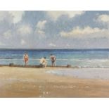 Michael J. Sanders (British, b.1950), "Bathers by Breakwater, Sheringham", oil on board, 17.5x21.