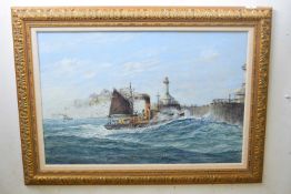 Russ Foster (British, b.1927), "Easterly Blow, Drifter Entering Lowestoft Harbour", acrylic on