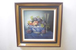 Edna Bizon (British,1929-2016), 'Fruit in a Blue and White Bowl', oil on canvas, signed,11.5x11.