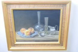 Edna Bizon (British, 1929-2016), 'Still Life with Silver and Glass', oil on canvas, 13.5x17.5ins,