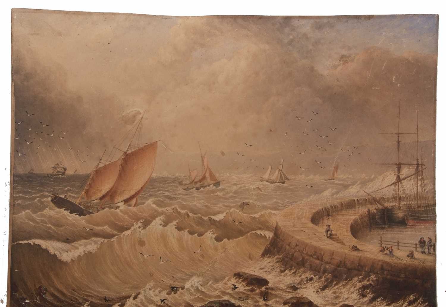 Richard W. Harrison (British,19th century), a heavy swell off the harbour, watercolour, signed and - Image 2 of 2