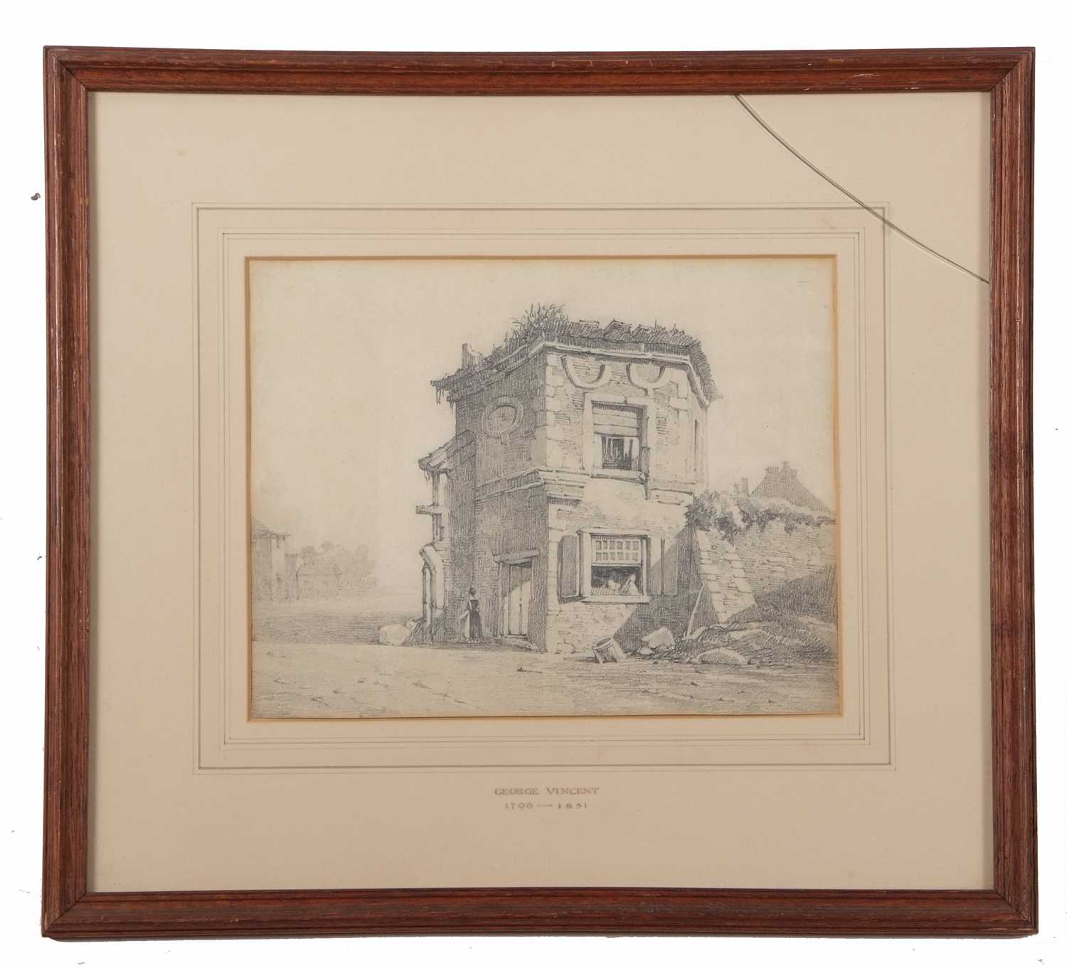 George Vincent (British, 1796-1831), A dilapidated stone built Toll House with a female figure - Image 2 of 2