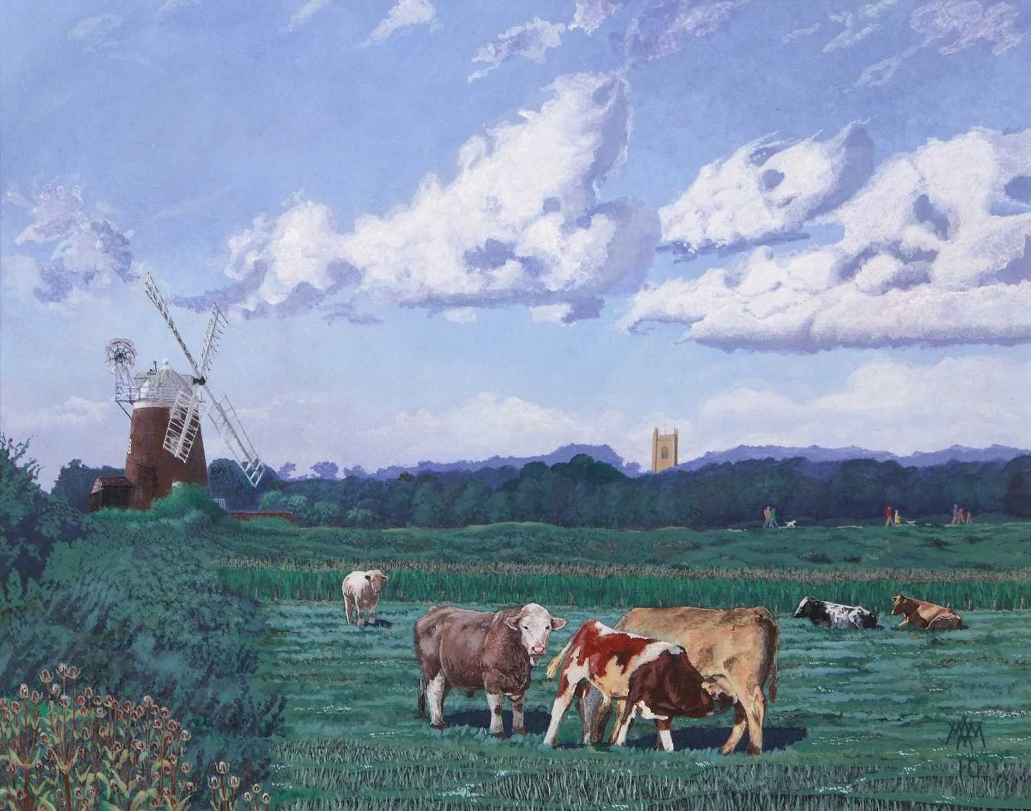 Michael Morley (British, b.1937), "Cattle before Cley Mill", acrylic on board, monogrammed, 16x19.