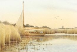 Colin W Burns (b.1944), signed watercolour, "Yacht Moored in a Quiet Corner of The Norfolk