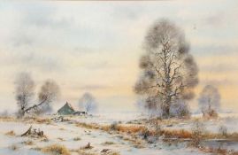 Brian Day (British, 20th century), winter landscape with pheasants in the foreground, watercolour
