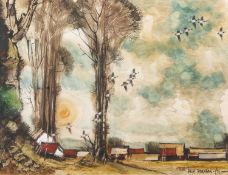 Hugh Brandon Cox (British,1917-2003), Norfolk Landscape with ducks alighting, watercolour and
