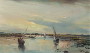 Jack Cox (British,1914-2007), fishing boats at low tide on the Blakeney coast, oil on board, signed,