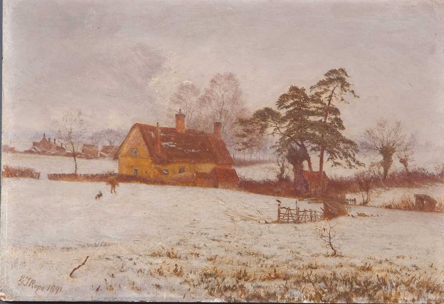 George Thomas Rope (British,1846-1929), "Church Cottages, Blaxhall", oil on board, signed and - Image 2 of 2