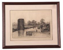 Robert Farren (British, fl.1868-89), Fishing at Castle Tower, Norwich, etching, signed and dated