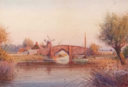 J.R. Goodman (British, b.1870), "Eventide, Ludham Bridge,1904", watercolour, signed, approx.14x21.