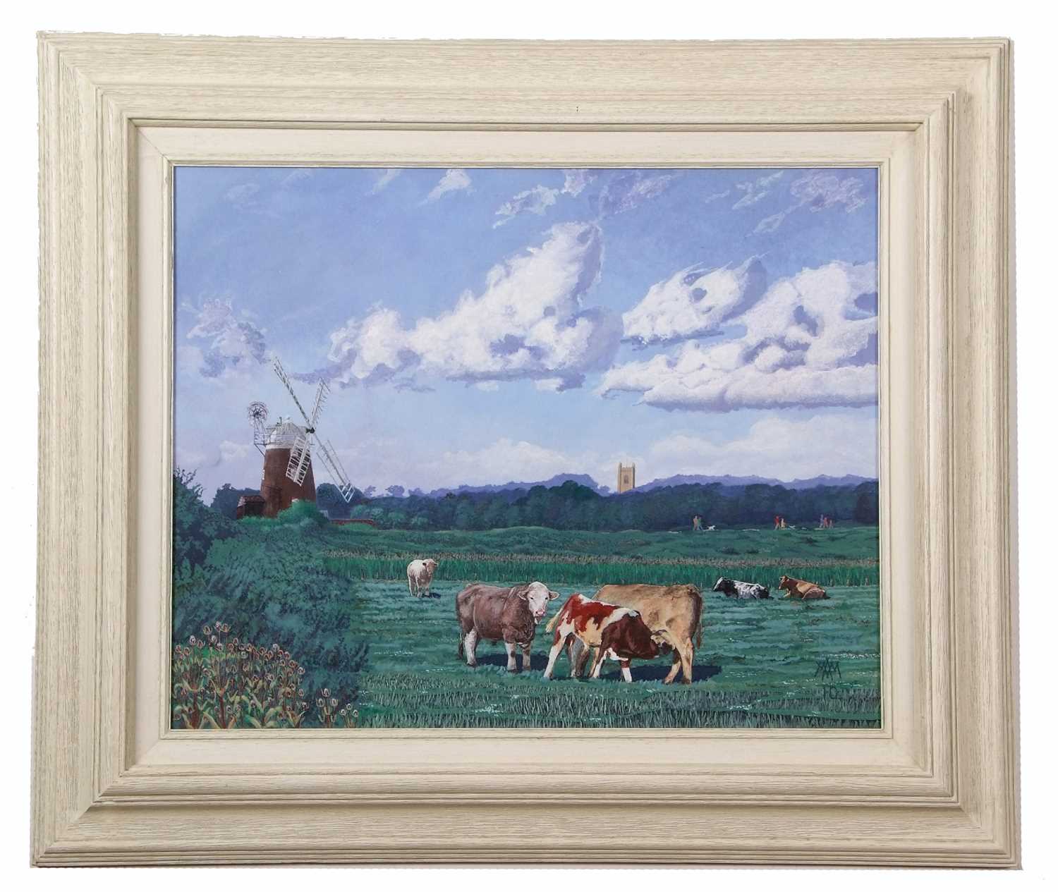 Michael Morley (British, b.1937), "Cattle before Cley Mill", acrylic on board, monogrammed, 16x19. - Image 2 of 2