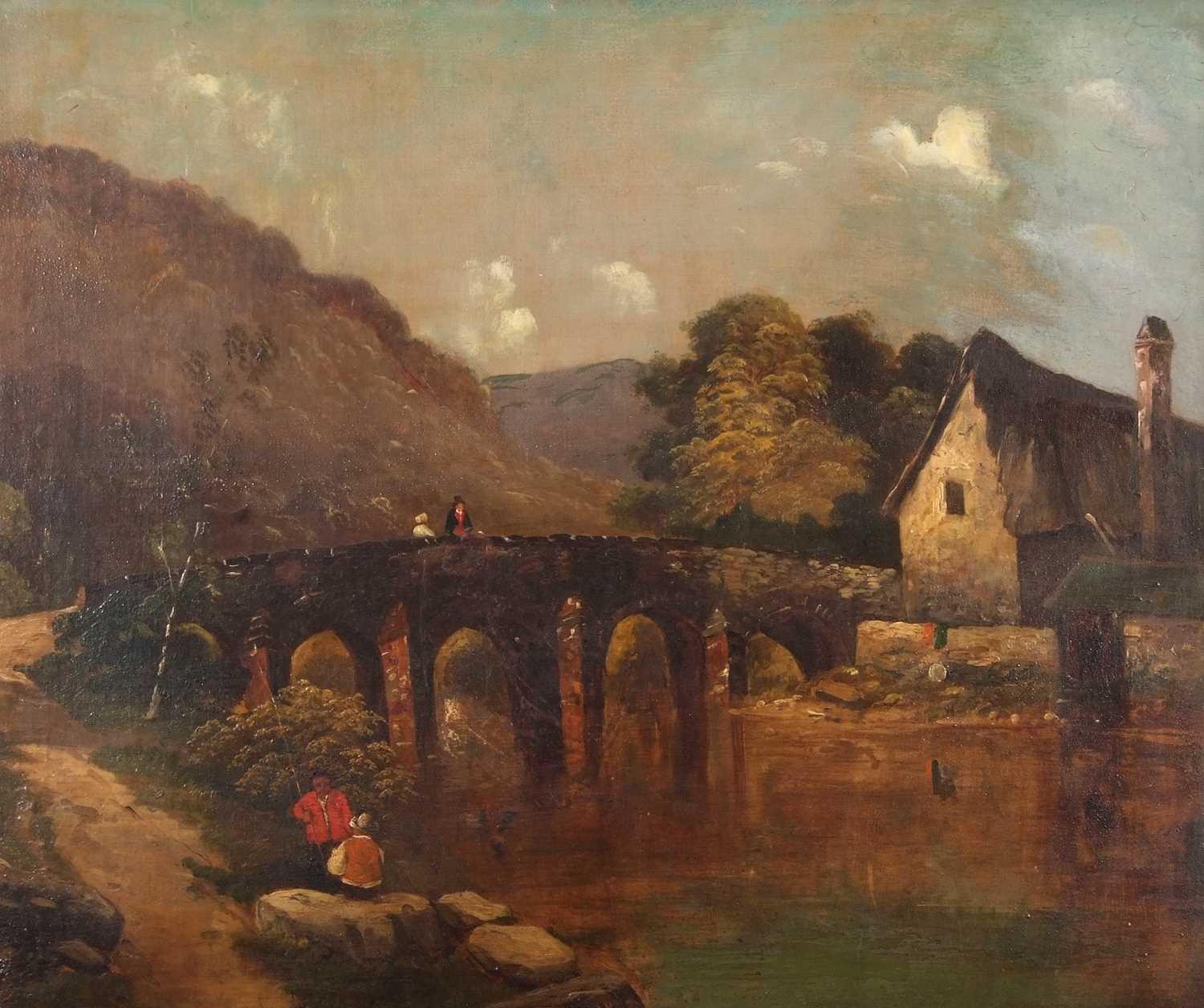 John Crome (British,1768-1821), River cottage with two foreground fishermen and others on a - Image 2 of 2