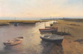 John Tuck (British, 20th century), Boats moored on a North Norfolk estuary, signed,19x29ins,