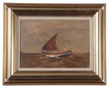 Jack Cox (British,1914-2007), boat on choppy waters, mixed media, signed,10x7ins, framed and