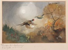 Hugh Brandon Cox (British,1917- 2003), "Pheasants in Autumn Norfolk", watercolour, signed, 7x10.