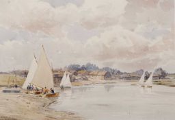 Gerald Ackermann (British,1876-1960), Blakeney sailing, watercolour and pencil, signed, 9x3ins,
