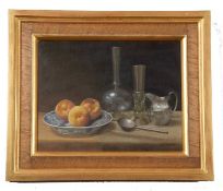 Edna Bizon (British, 1929-2016), 'Still Life with Silver and Glass', oil on canvas, 13.5x17.5ins,