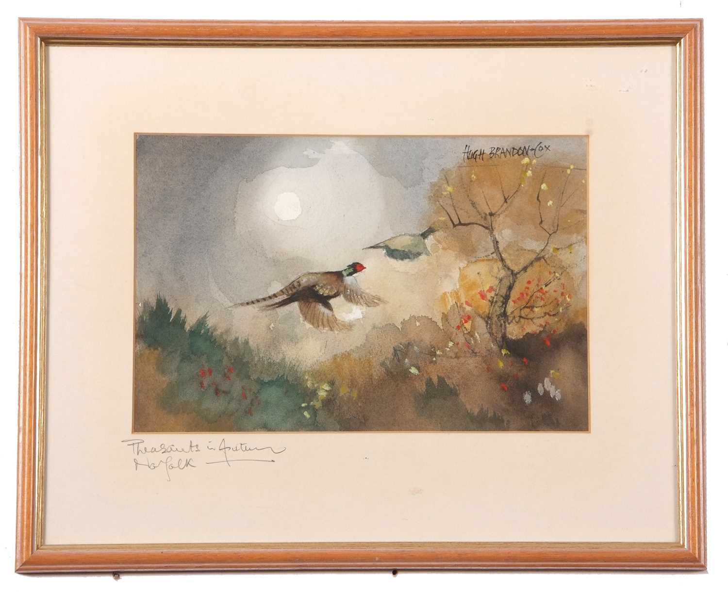 Hugh Brandon Cox (British,1917- 2003), "Pheasants in Autumn Norfolk", watercolour, signed, 7x10. - Image 2 of 2