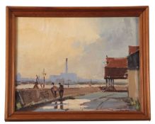 Clifford John (British, b.1934), Great Yarmouth from Southtown, oil on board, signed, 17x13ins,