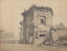 George Vincent (British, 1796-1831), A dilapidated stone built Toll House with a female figure